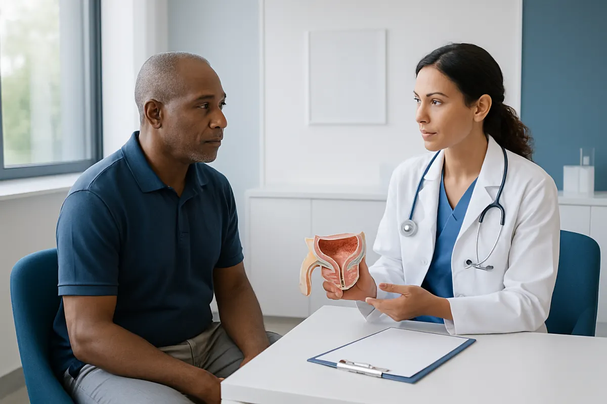 Urologist explaining prostate health to a patient with a model of the prostate gland.