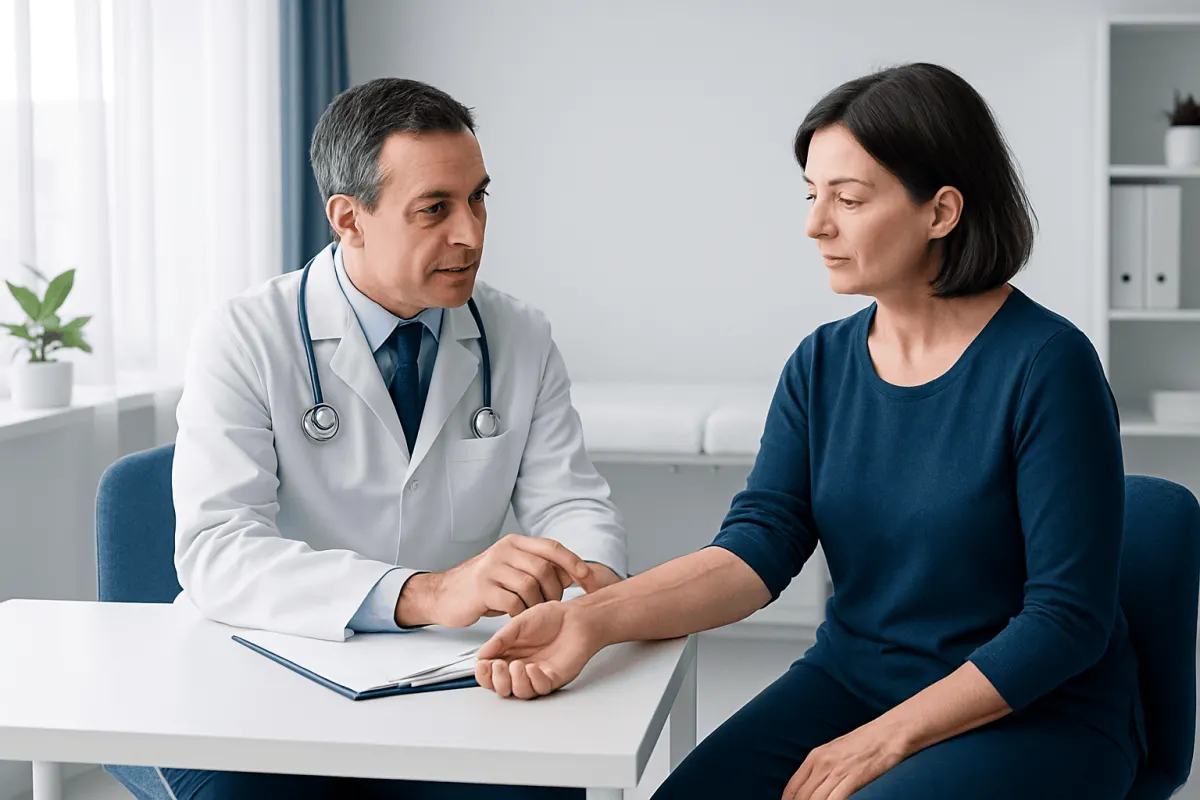 Doctor consulting with a patient about dialysis fistula procedure.