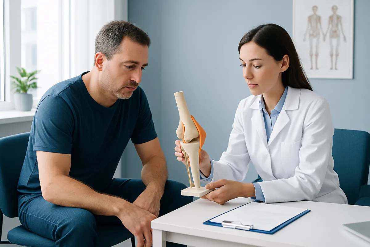 Doctor explaining knee joint model to patient in consultation room.
