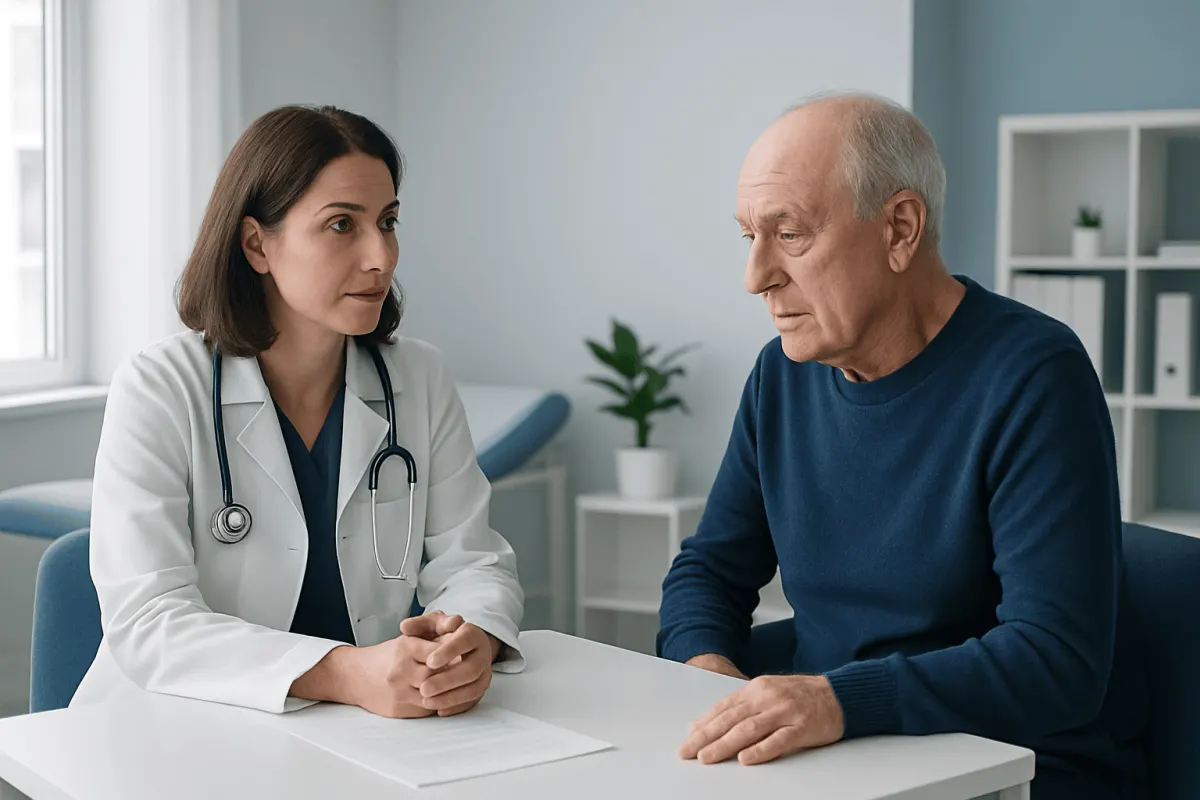 Doctor consulting with elderly patient in a medical office.