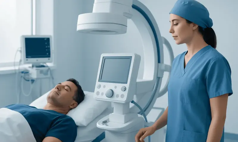Medical professional prepares patient for imaging procedure in hospital.