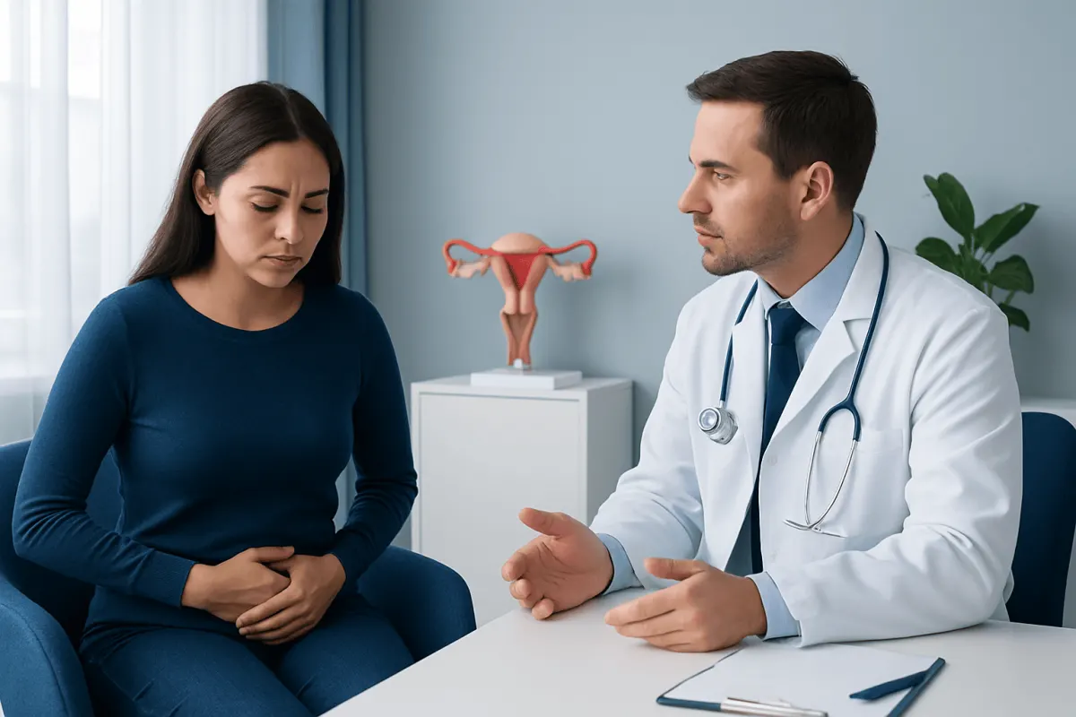 Gynecologist consulting with a patient about endometriosis symptoms.