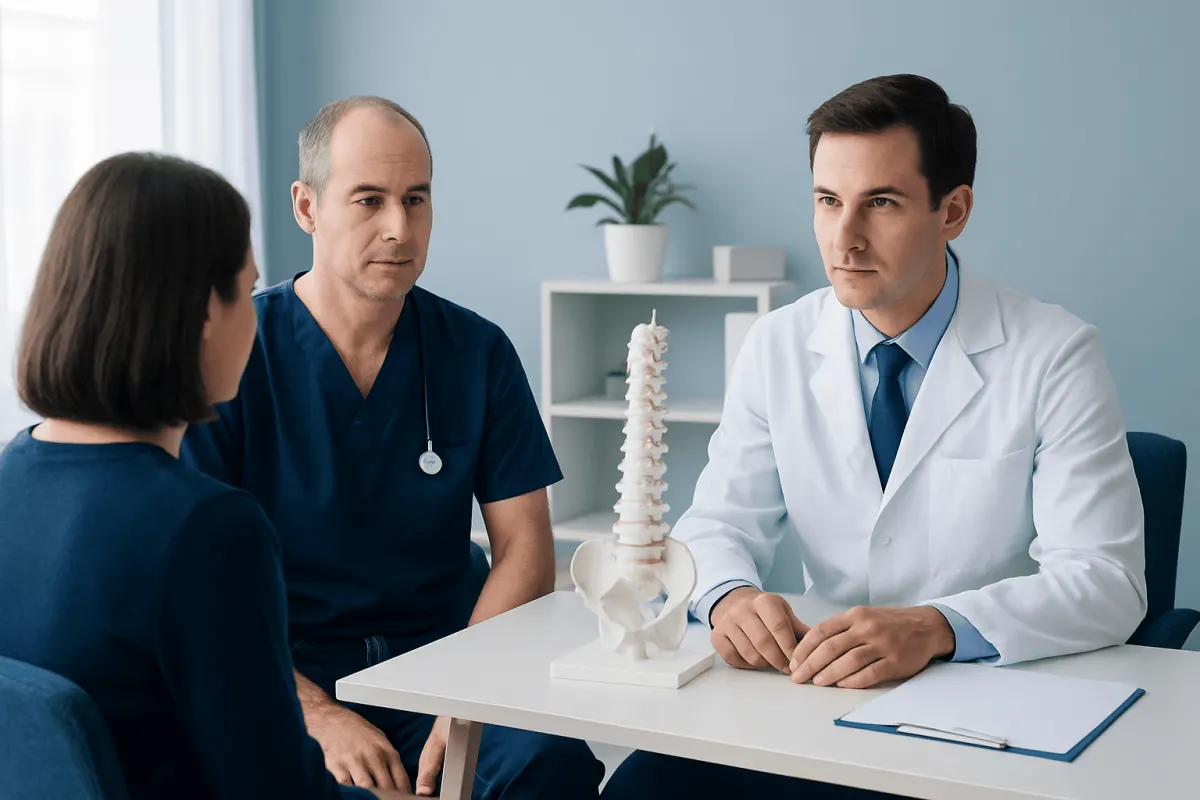 Doctor explaining spinal health to patient with medical model.
