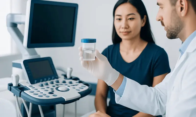 Doctor showing urine sample to patient in medical examination room.