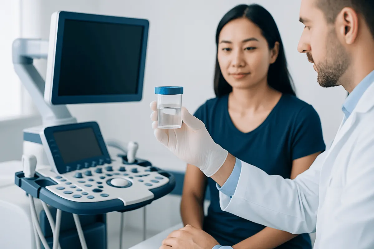 Doctor showing urine sample to patient in medical examination room.