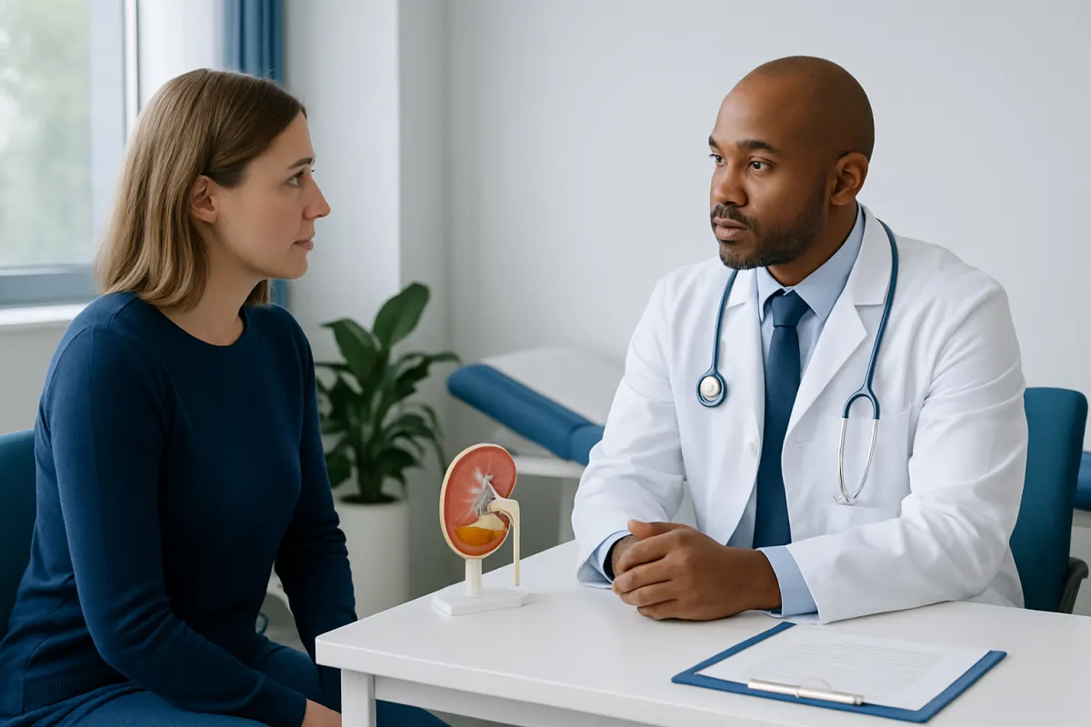 Doctor consulting with a patient about kidney health in a medical office.