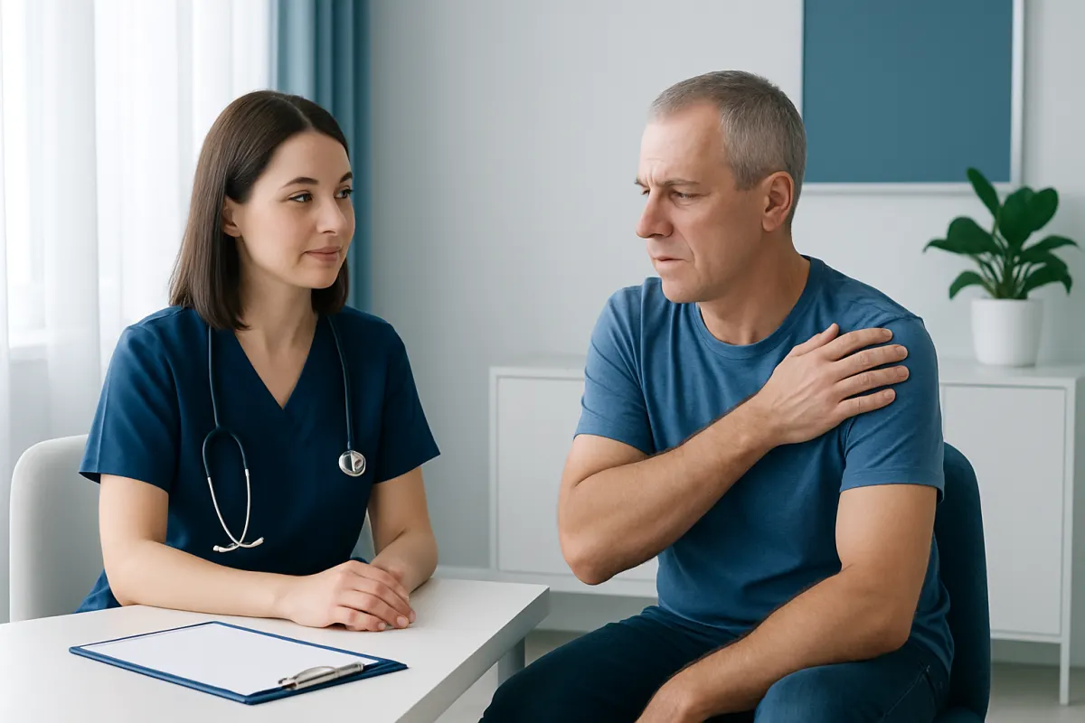 Doctor consulting patient about shoulder pain in a clinic setting.