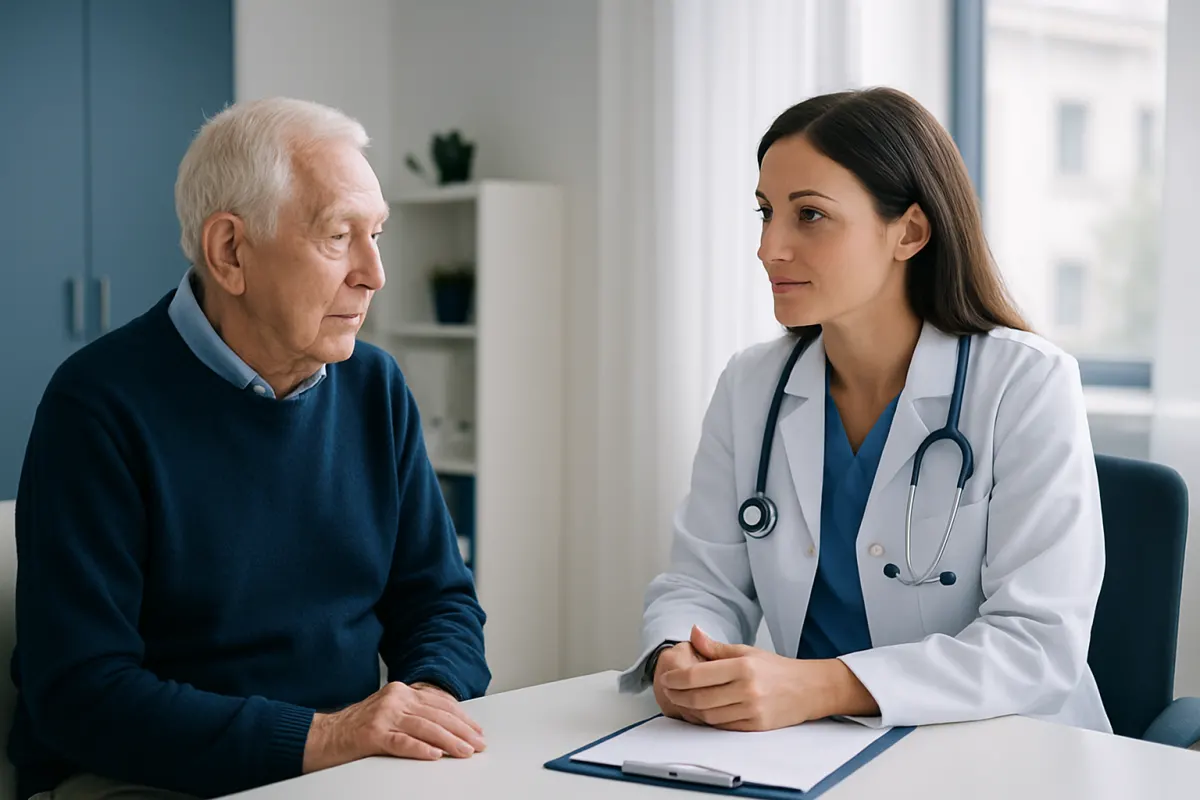 Doctor consulting with elderly patient about pacemaker age limits.