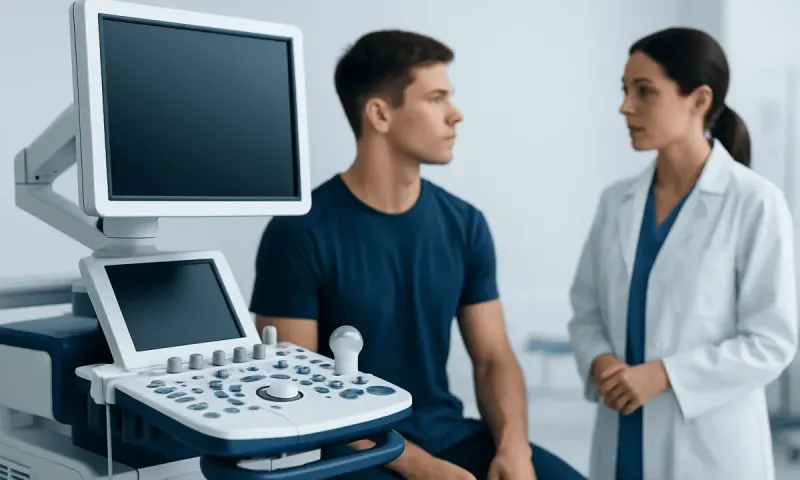 Doctor performing a medical examination on a young male patient with ultrasound equipment.