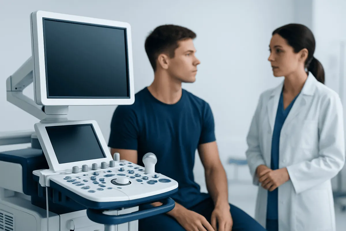 Doctor performing a medical examination on a young male patient with ultrasound equipment.