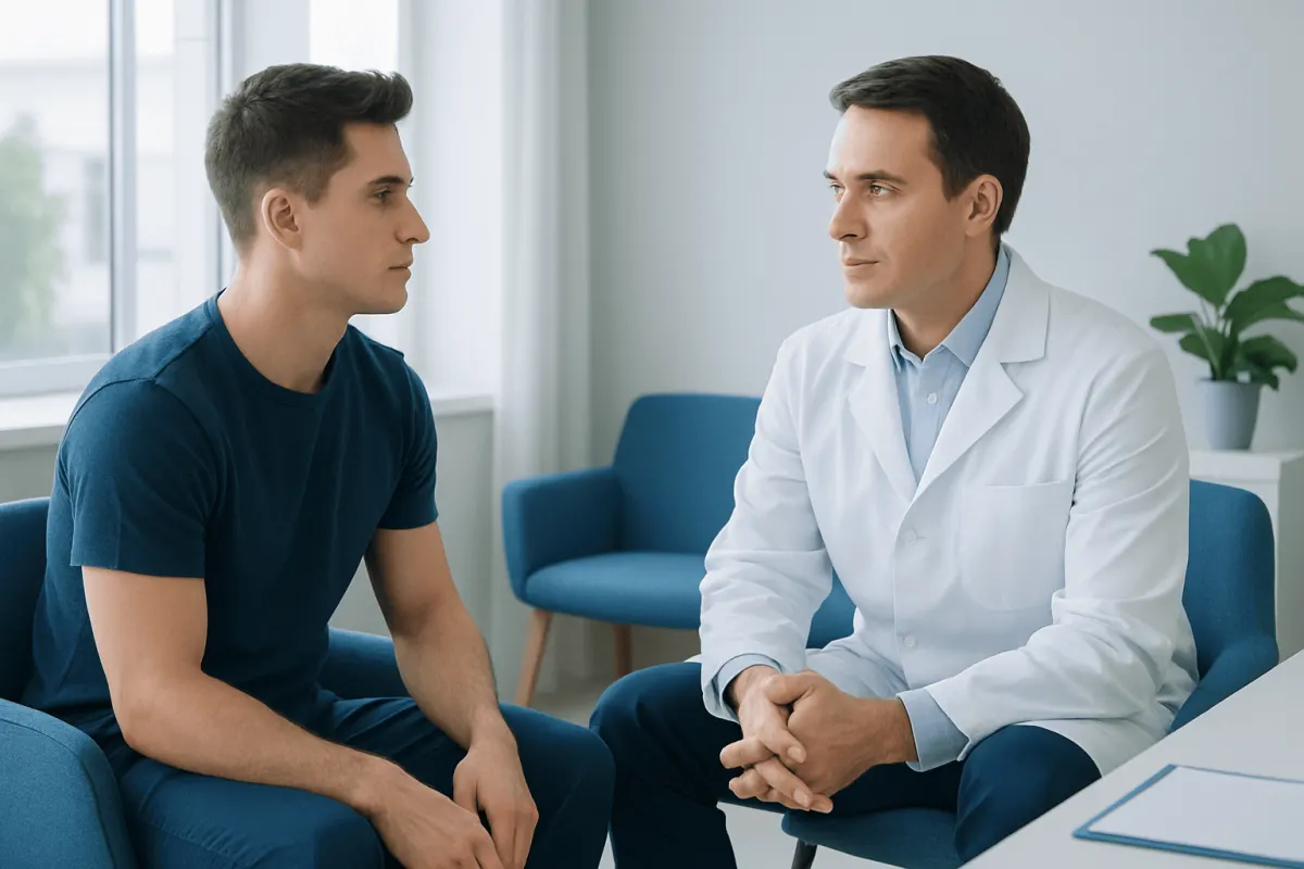 Doctor consulting with young male patient in a modern clinic setting.