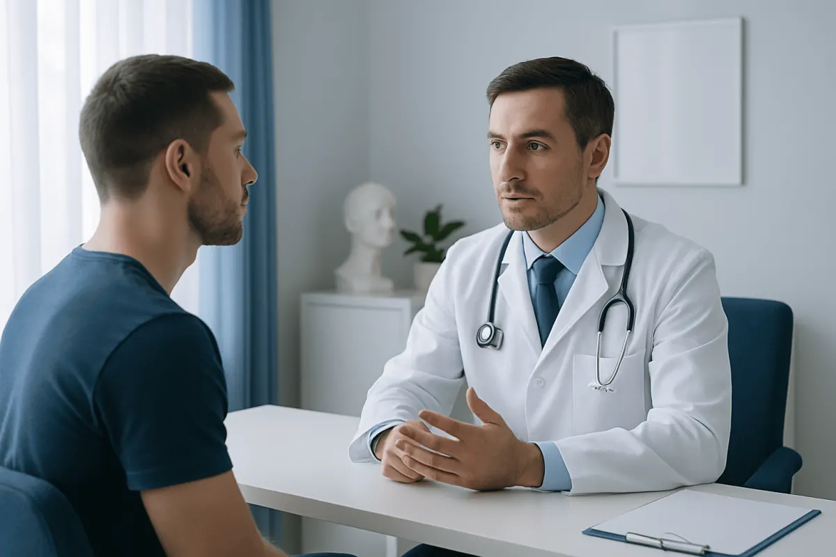 Doctor consulting with patient in a medical office setting.