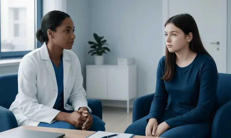 Doctor consulting with a young patient in a modern medical office.