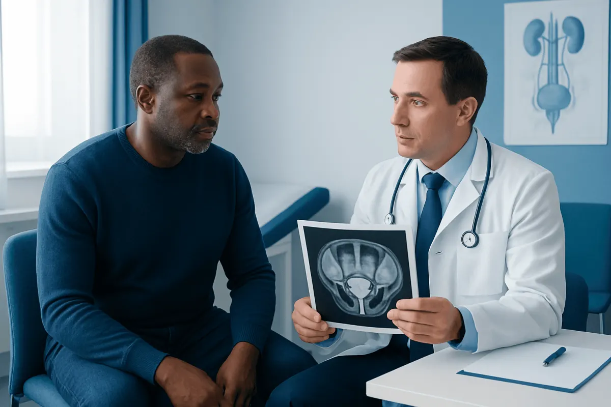 Urologist explains prostate MRI scan to patient in clinic setting.