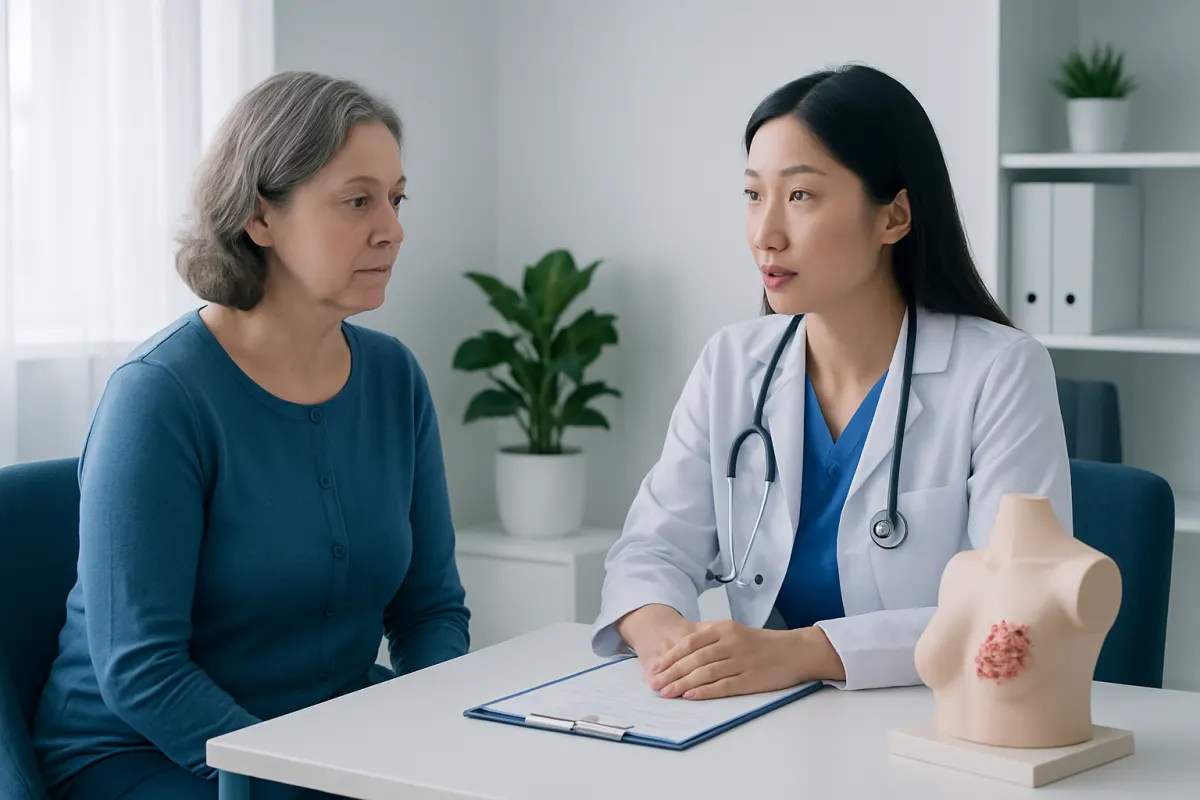Doctor discussing breast cancer diagnosis with patient in consultation room.