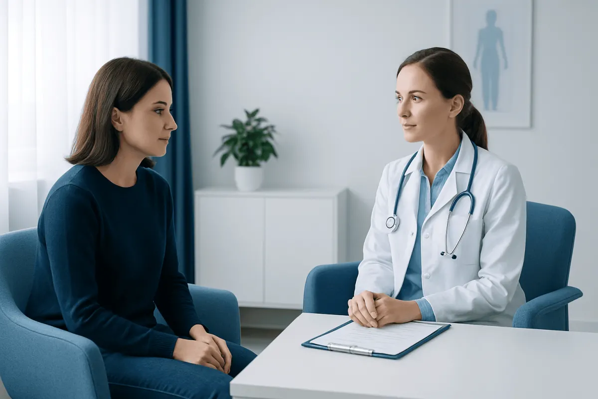 Doctor consulting with a patient in a modern medical office setting.