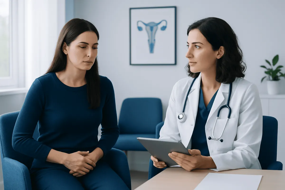 Gynecologist consulting with a patient about endometriosis diagnosis.