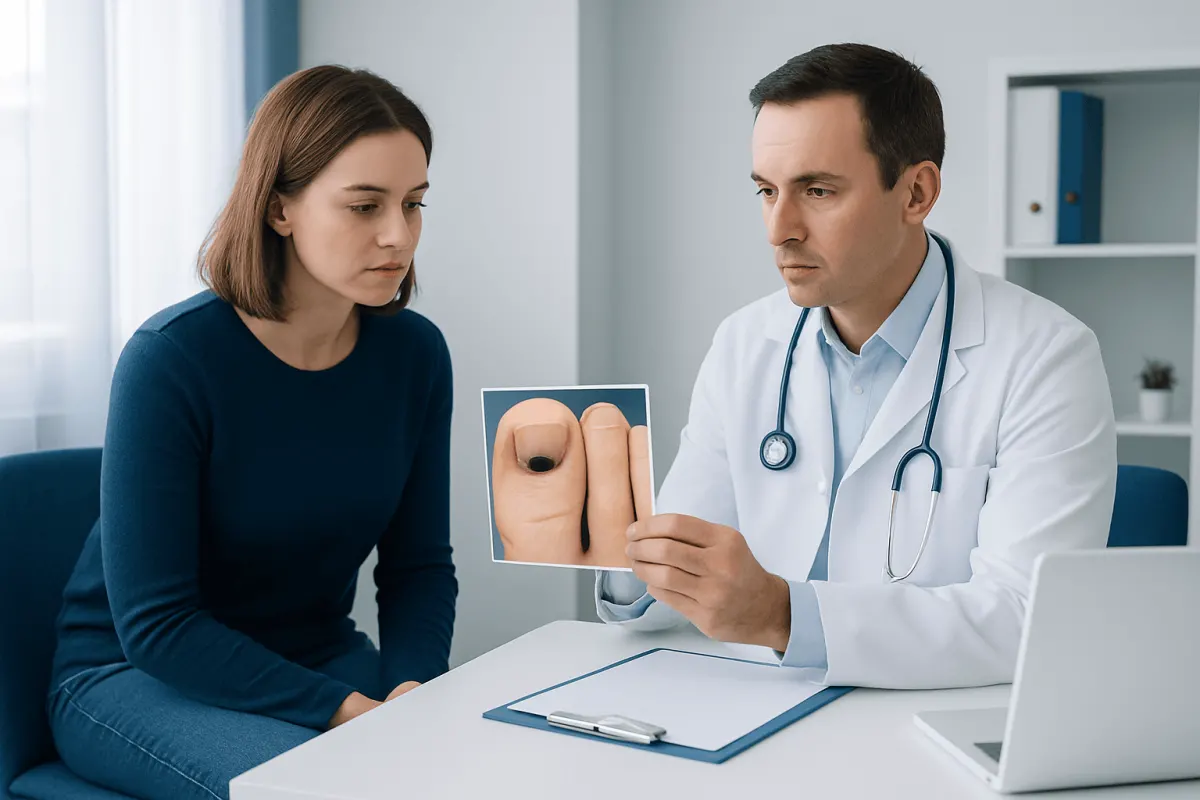 Doctor explaining subungual melanoma signs to patient with nail image.