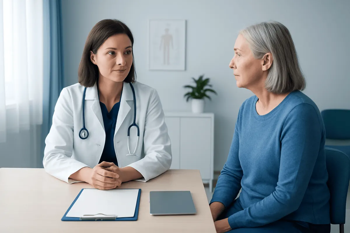 Doctor consulting with an elderly female patient in a medical office.