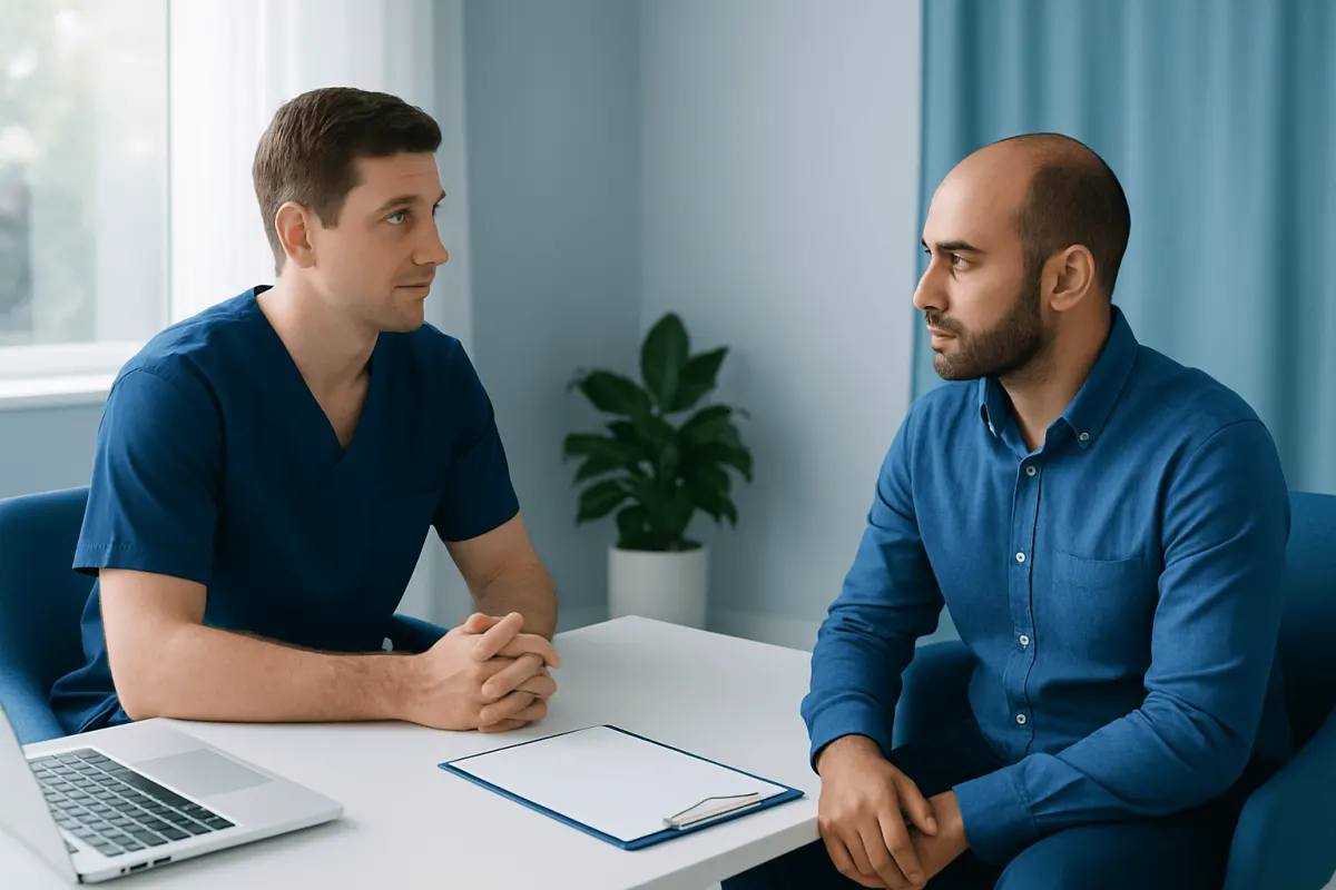 Doctor consulting with patient about hair transplant options at Acibadem Hospital.