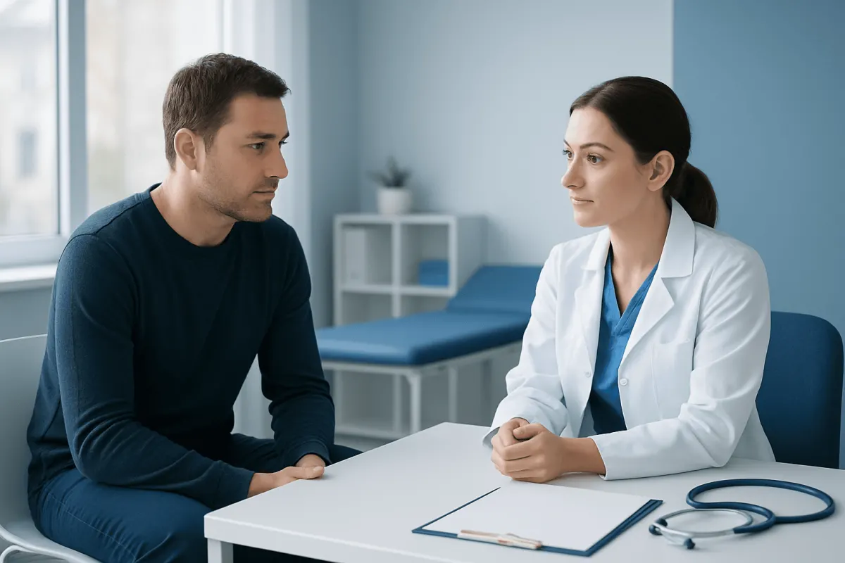 Doctor consulting with male patient in a medical office setting.
