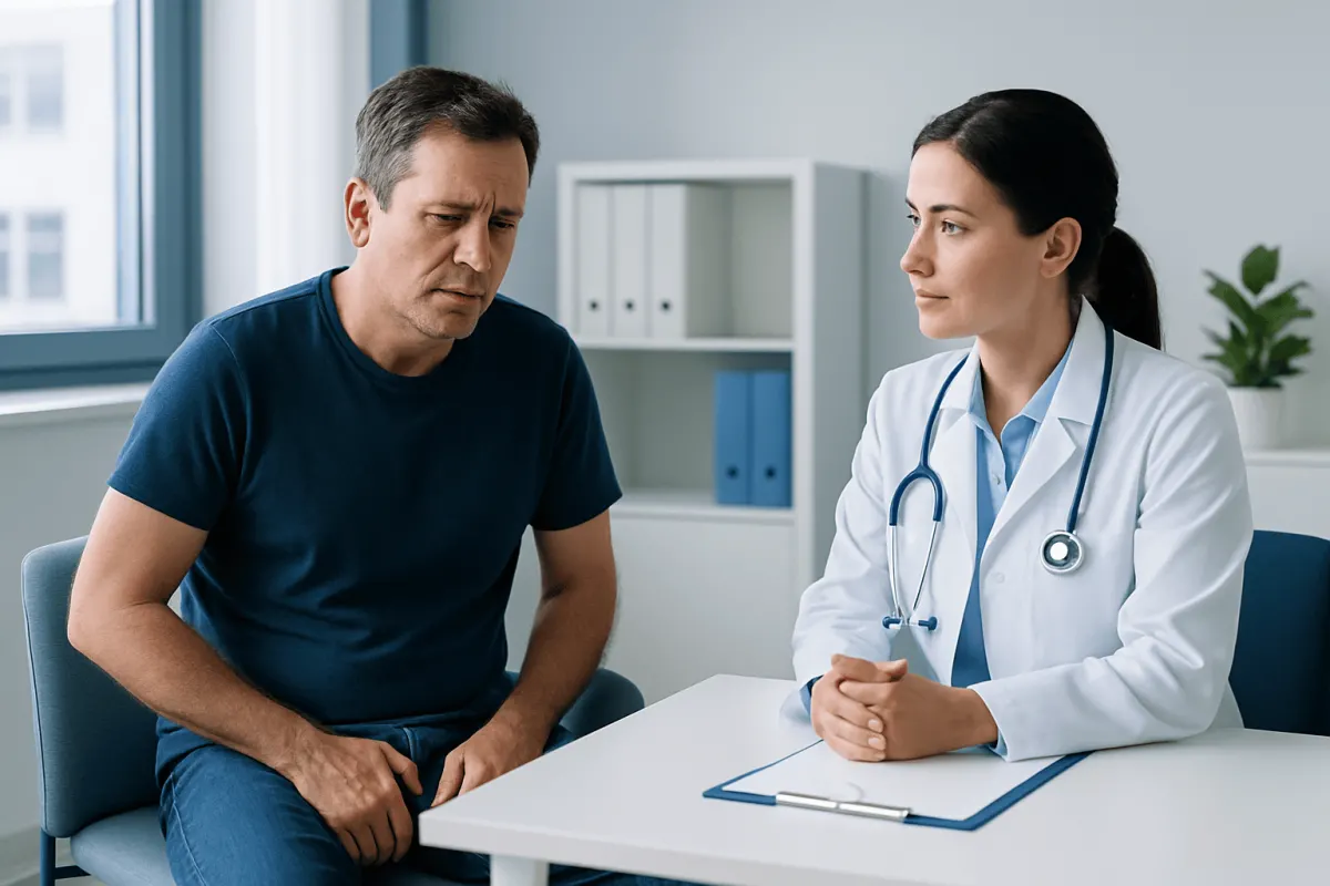 Doctor consulting male patient about health concerns in a clinic setting.