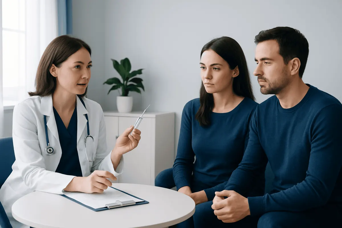 Doctor explaining fertility treatment options to a couple in a clinic.