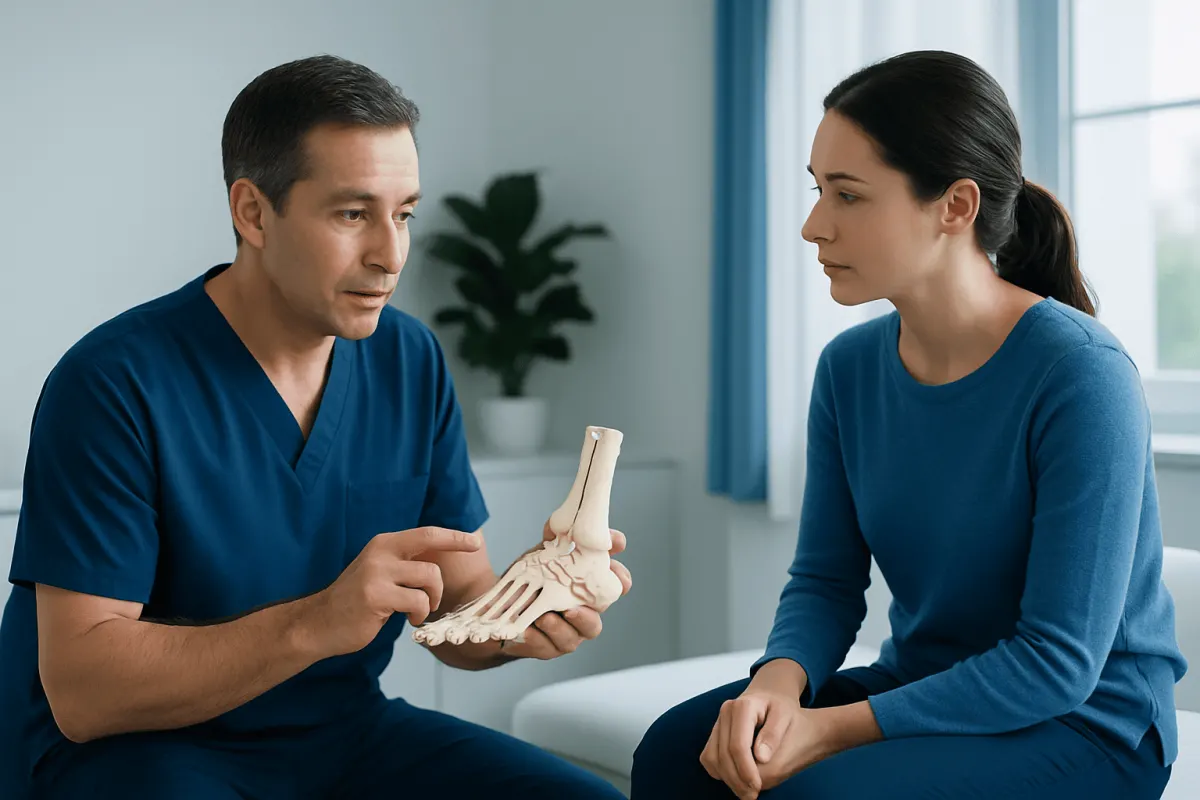 Doctor explaining foot anatomy to patient in consultation room.