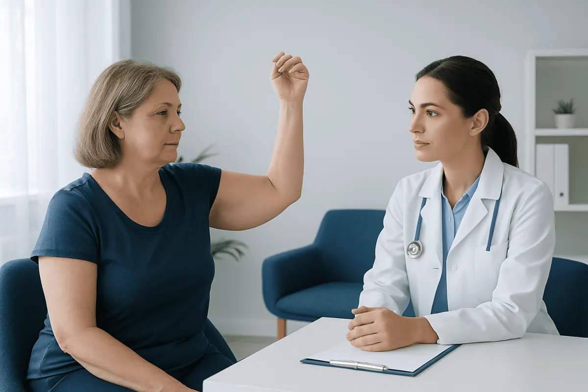 Doctor examining arm movement of a patient in consultation room.