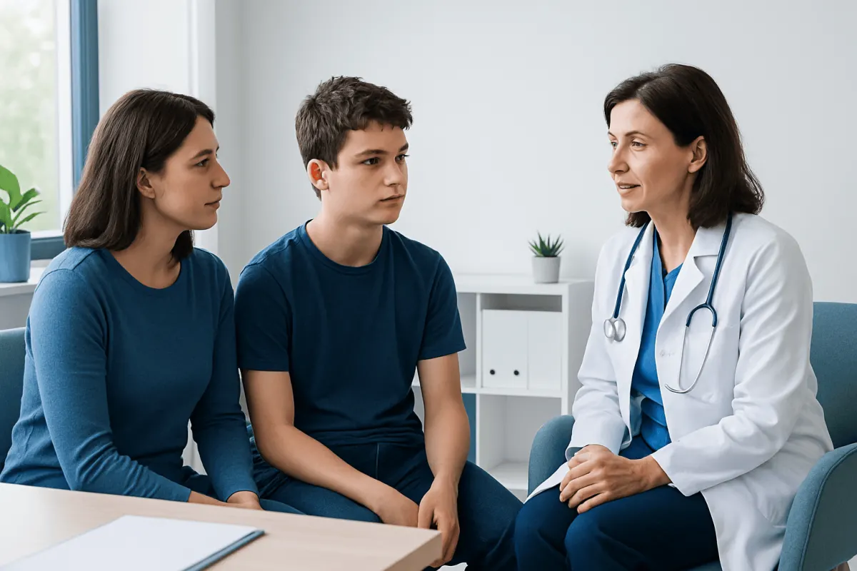 Doctor consulting with a teenage patient and parent in a medical office.