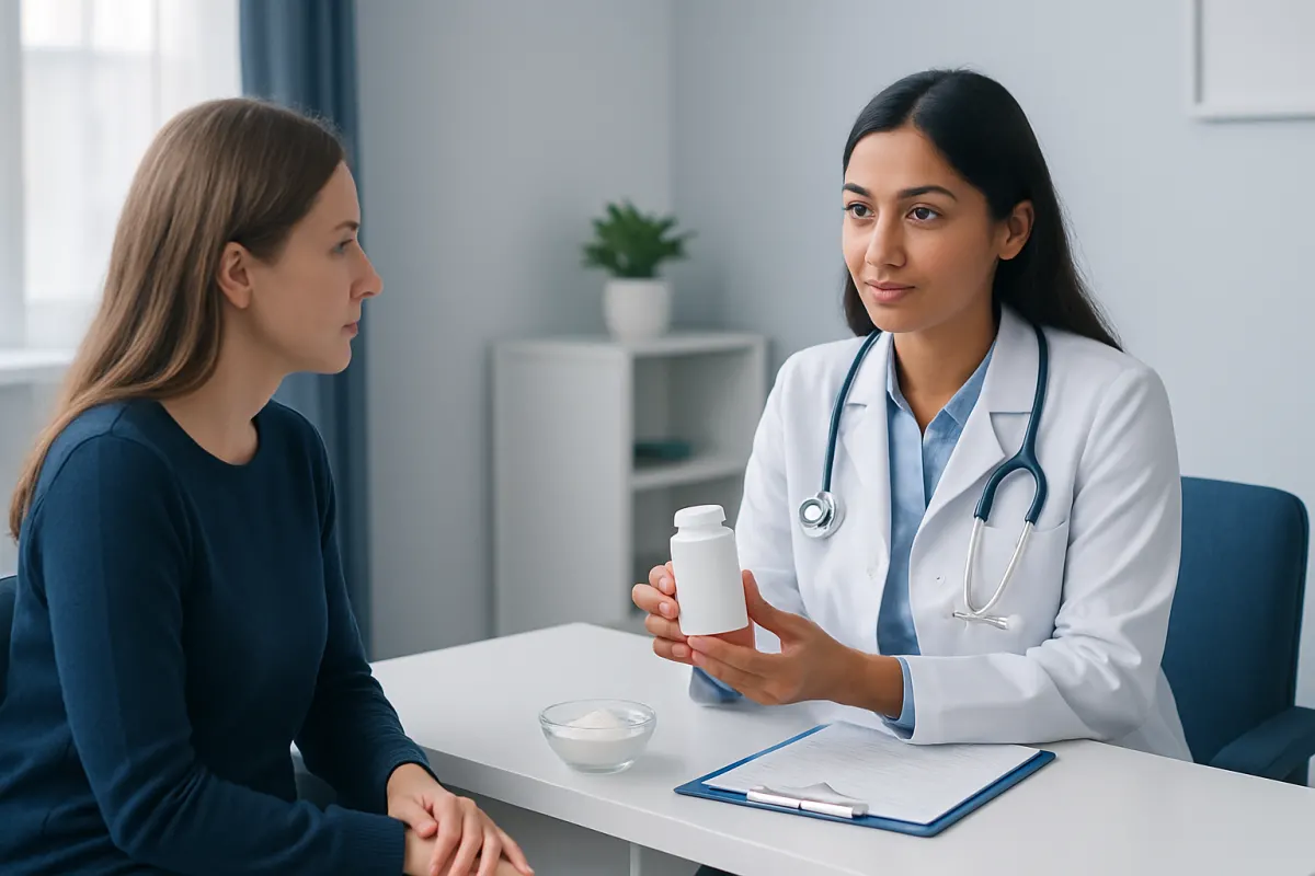 Doctor explaining collagen supplement options to patient in consultation room.