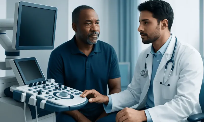 Doctor consulting with patient in a medical examination room at Acibadem Hospitals.