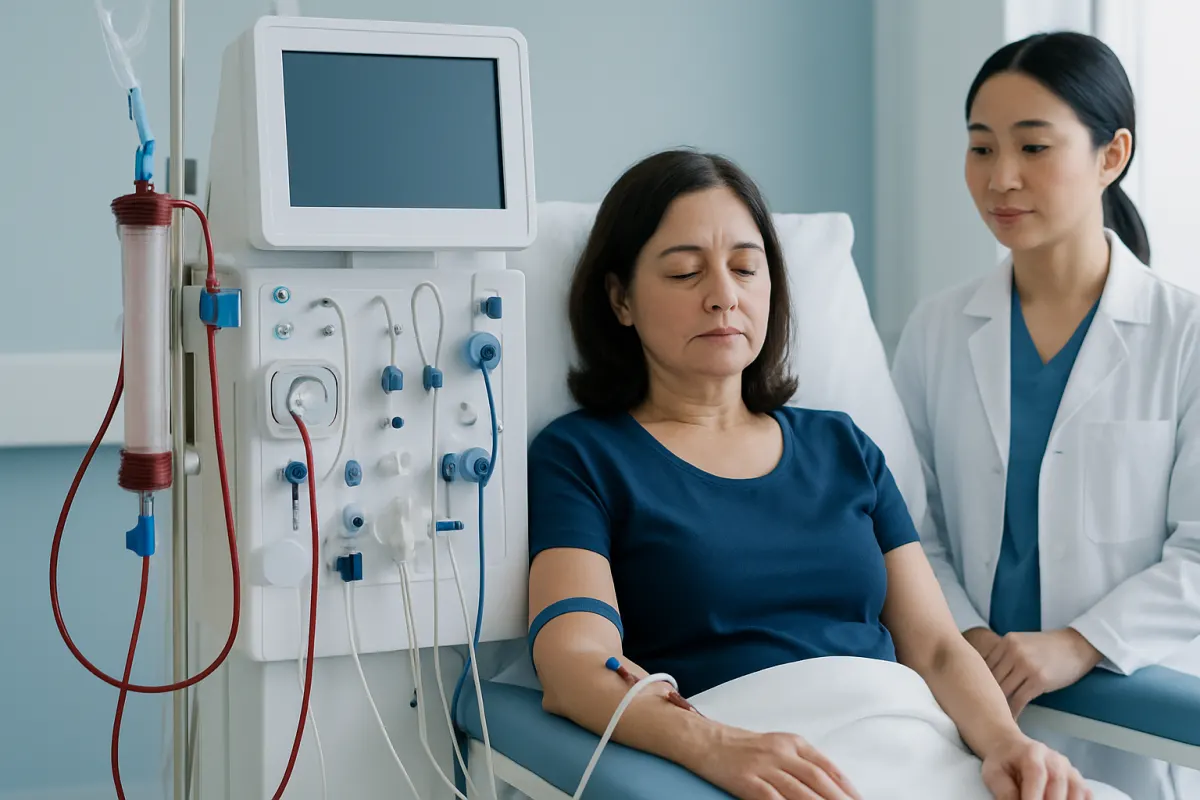 Patient receiving dialysis treatment in a hospital setting.