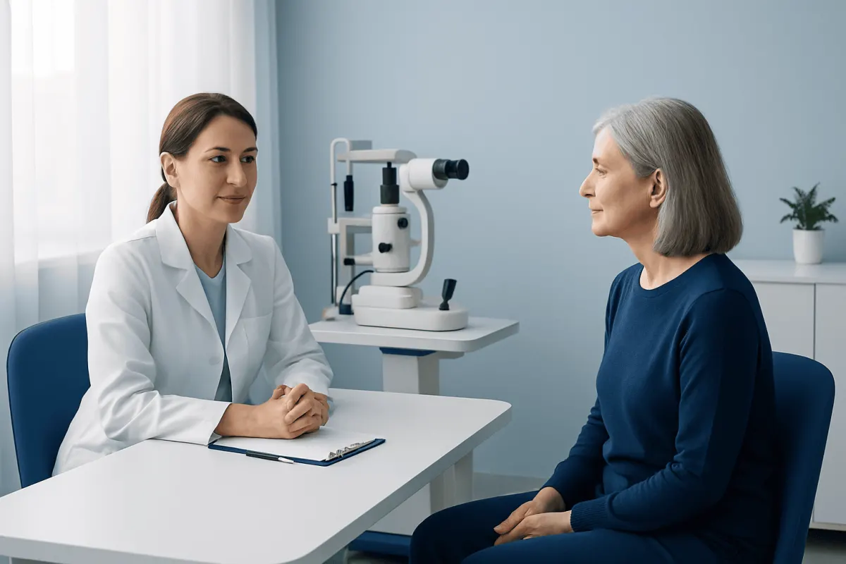 Ophthalmologist consulting an elderly patient in a clinic setting.