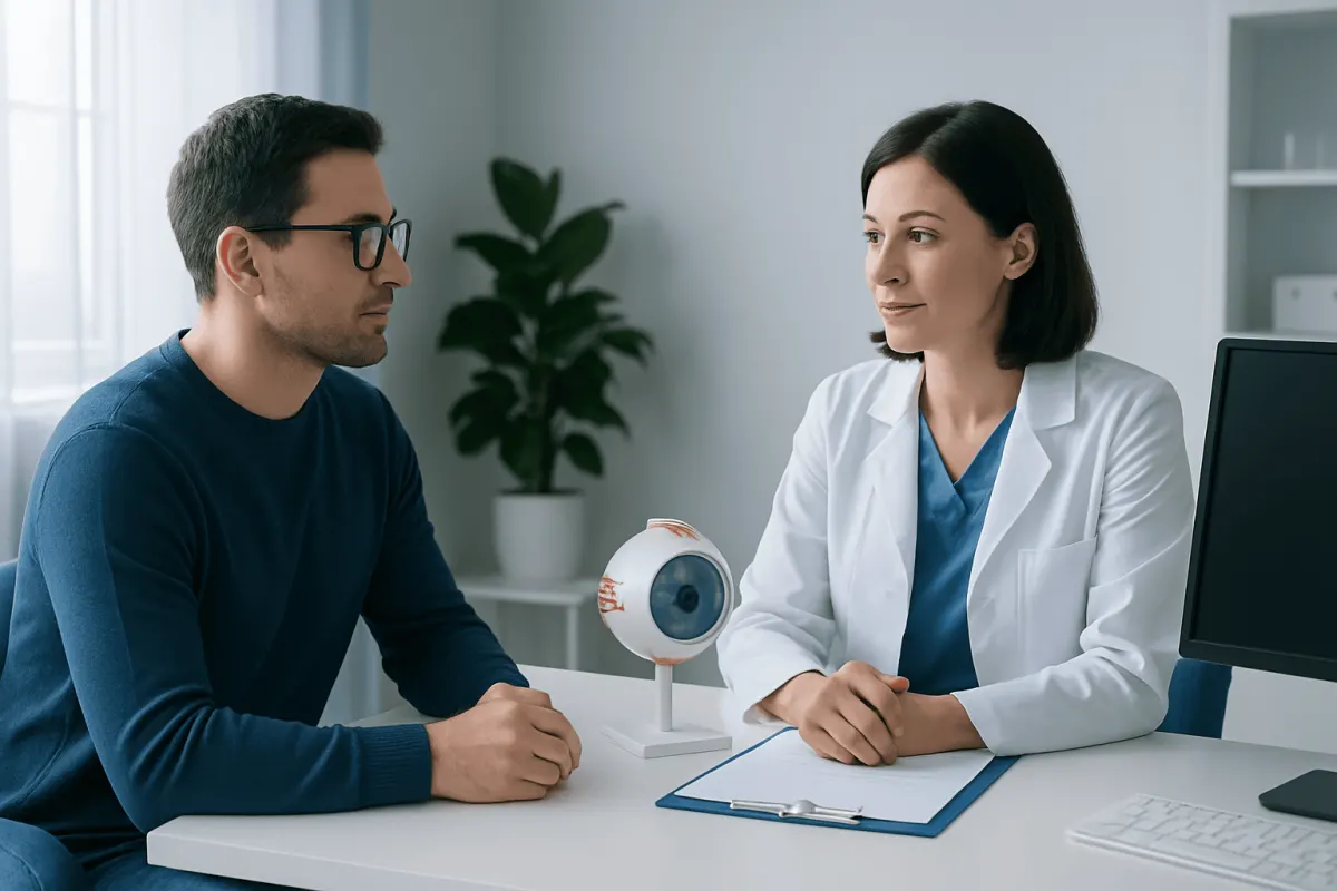 Ophthalmologist explains eye health to patient during consultation at Acibadem Hospital.