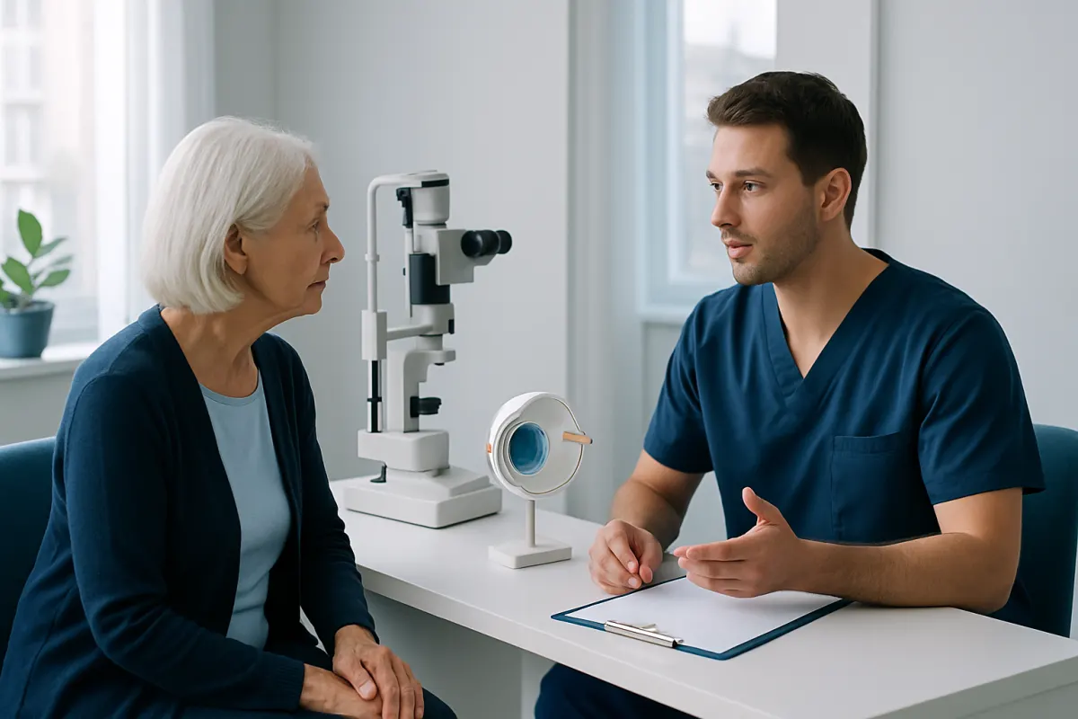 Ophthalmologist consulting elderly patient about eye health in clinic.