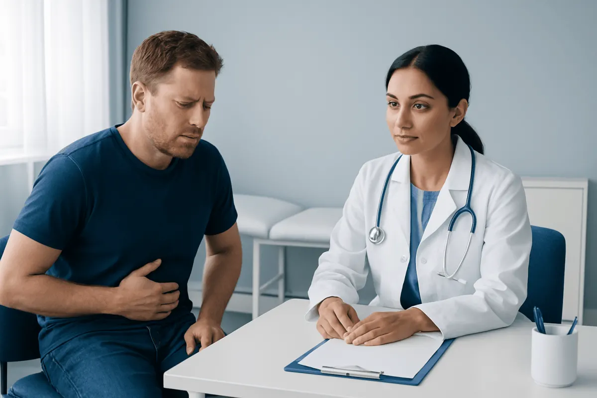 Doctor consulting with a patient about stomach pain in a medical office.