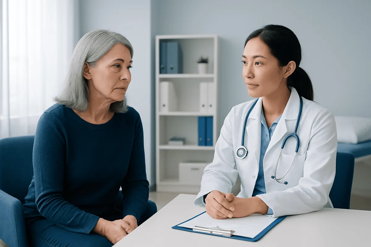 Doctor consulting with an elderly female patient in a medical office.