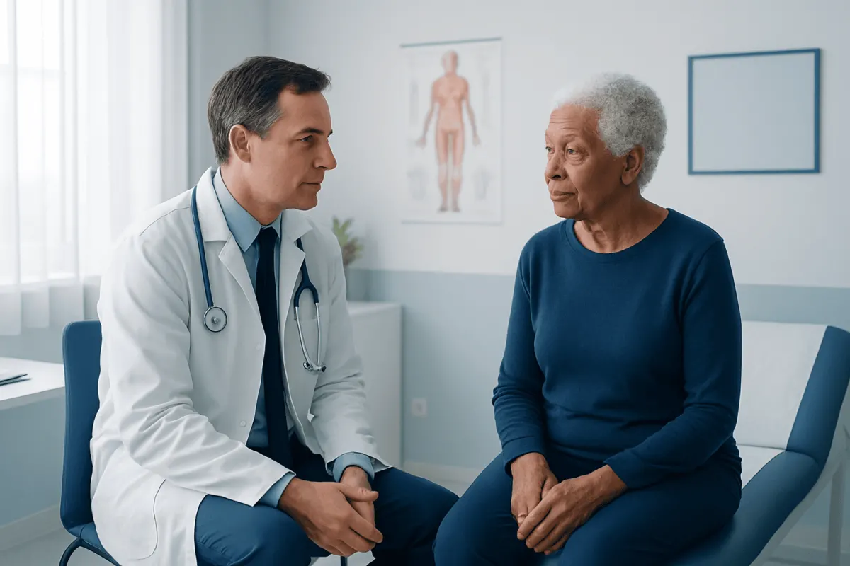 Doctor consulting with elderly woman in a medical office.