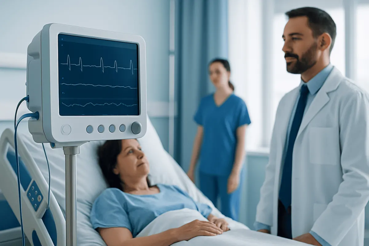 Doctor monitoring patient's heart in hospital setting with ECG display.
