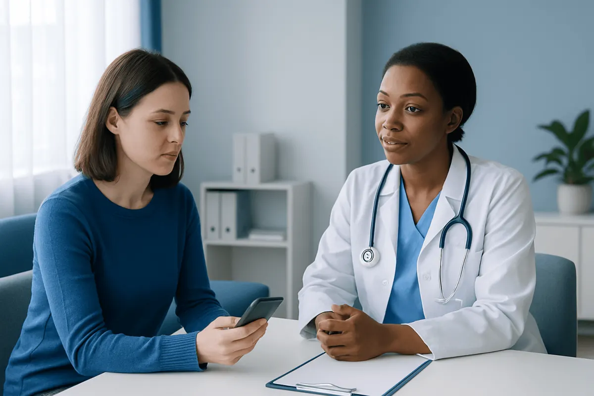Doctor consulting with a patient about health on a smartphone.