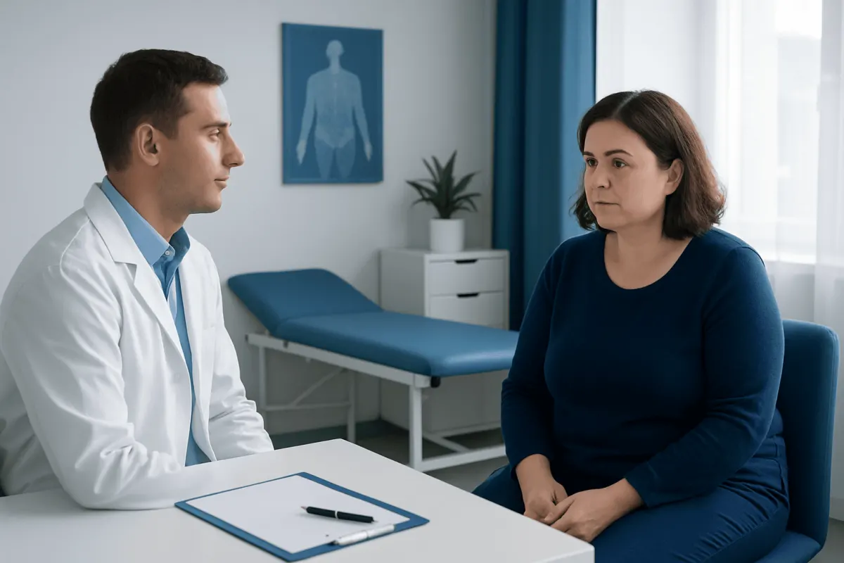 Doctor consulting a patient in a medical office with X-ray image on the wall.