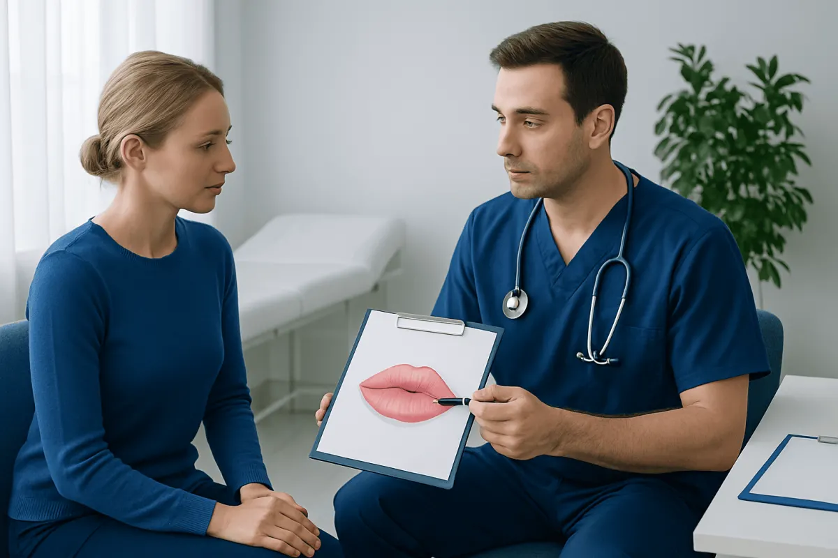 Doctor explaining lip augmentation options to a patient in a clinic setting.