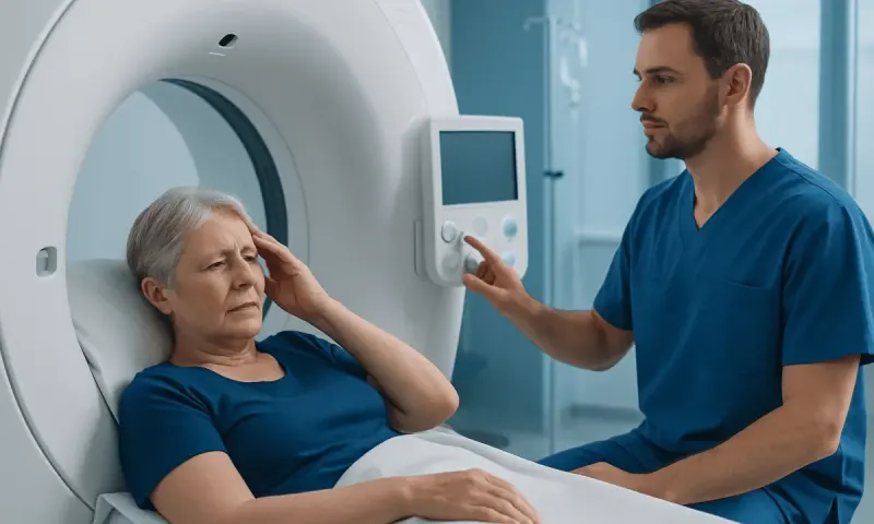 Medical professional explaining brain scan to elderly woman in hospital.