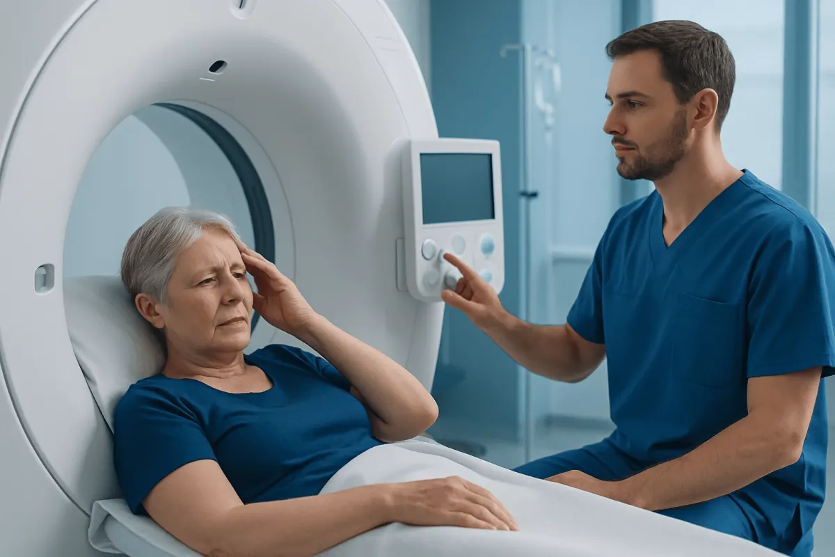 Medical professional explaining brain scan to elderly woman in hospital.