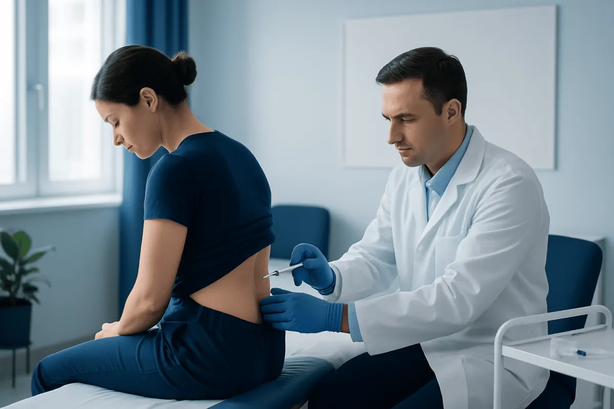 Doctor administering a meningitis test to a patient in a clinical setting.