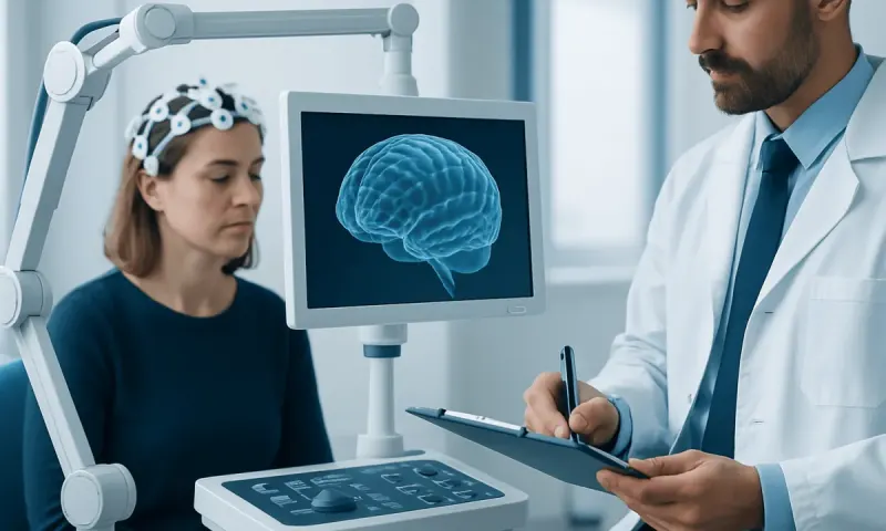 Doctor explains brain scan to patient in a medical setting.
