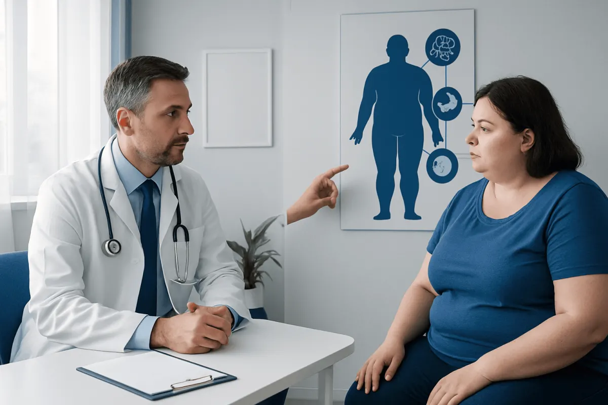 Doctor consulting with a patient about obesity and health risks.