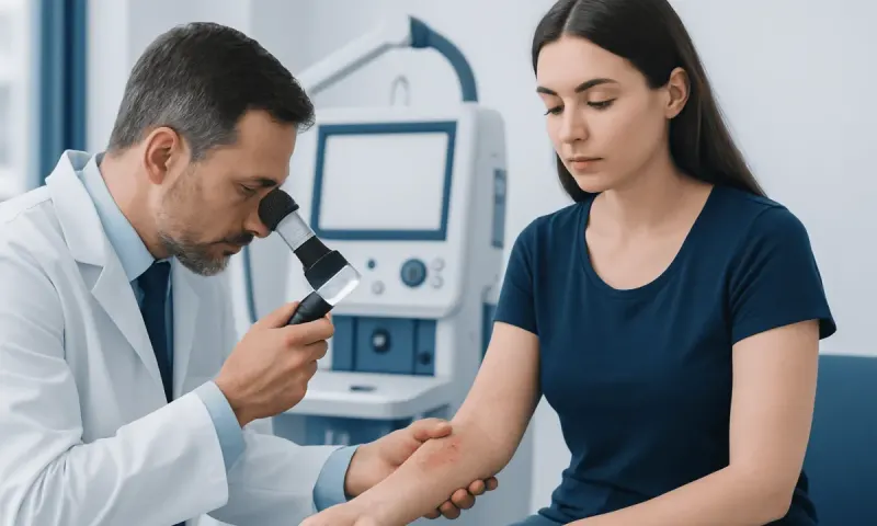 Dermatologist examining patient's skin in a medical clinic setting.