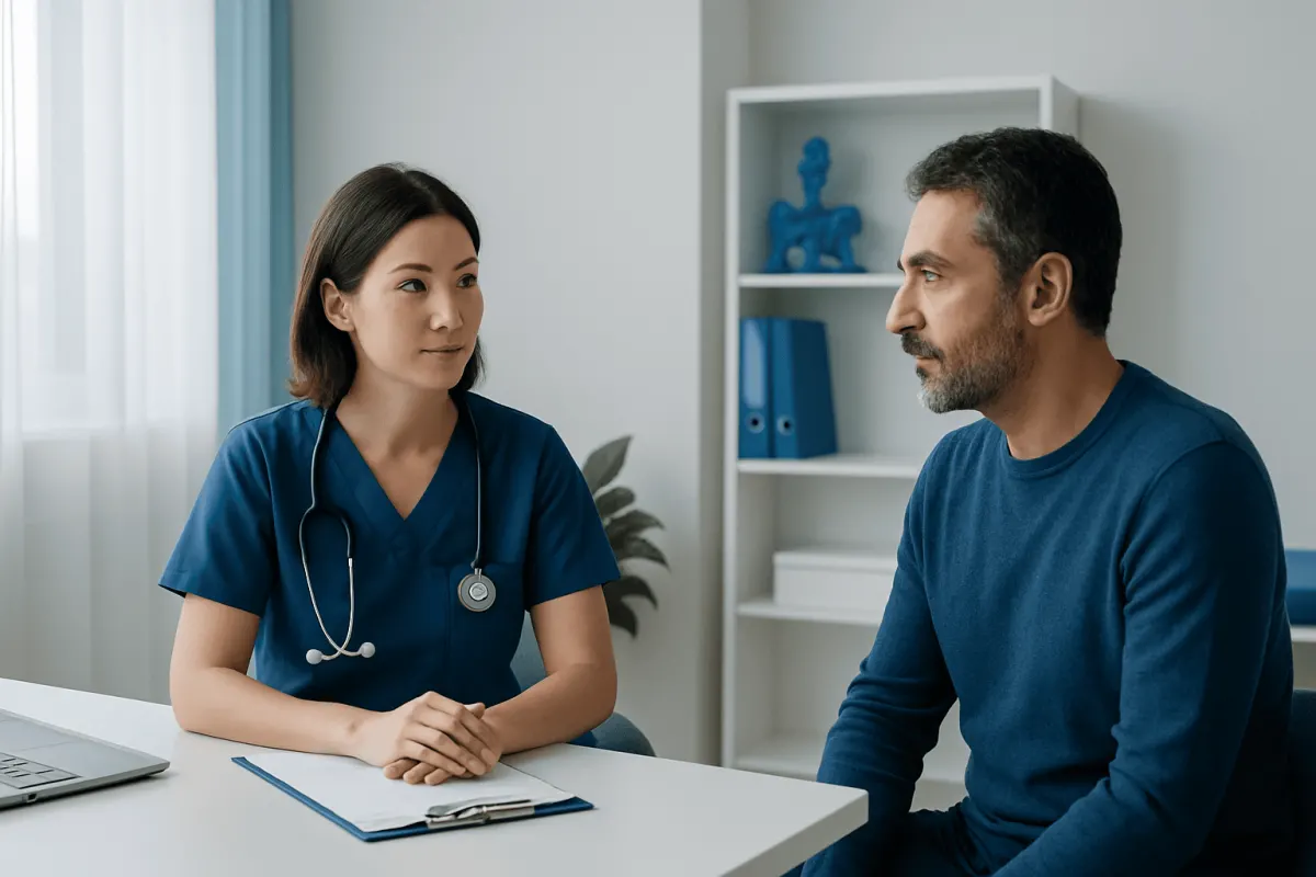 Doctor consulting with a patient in a medical office setting.